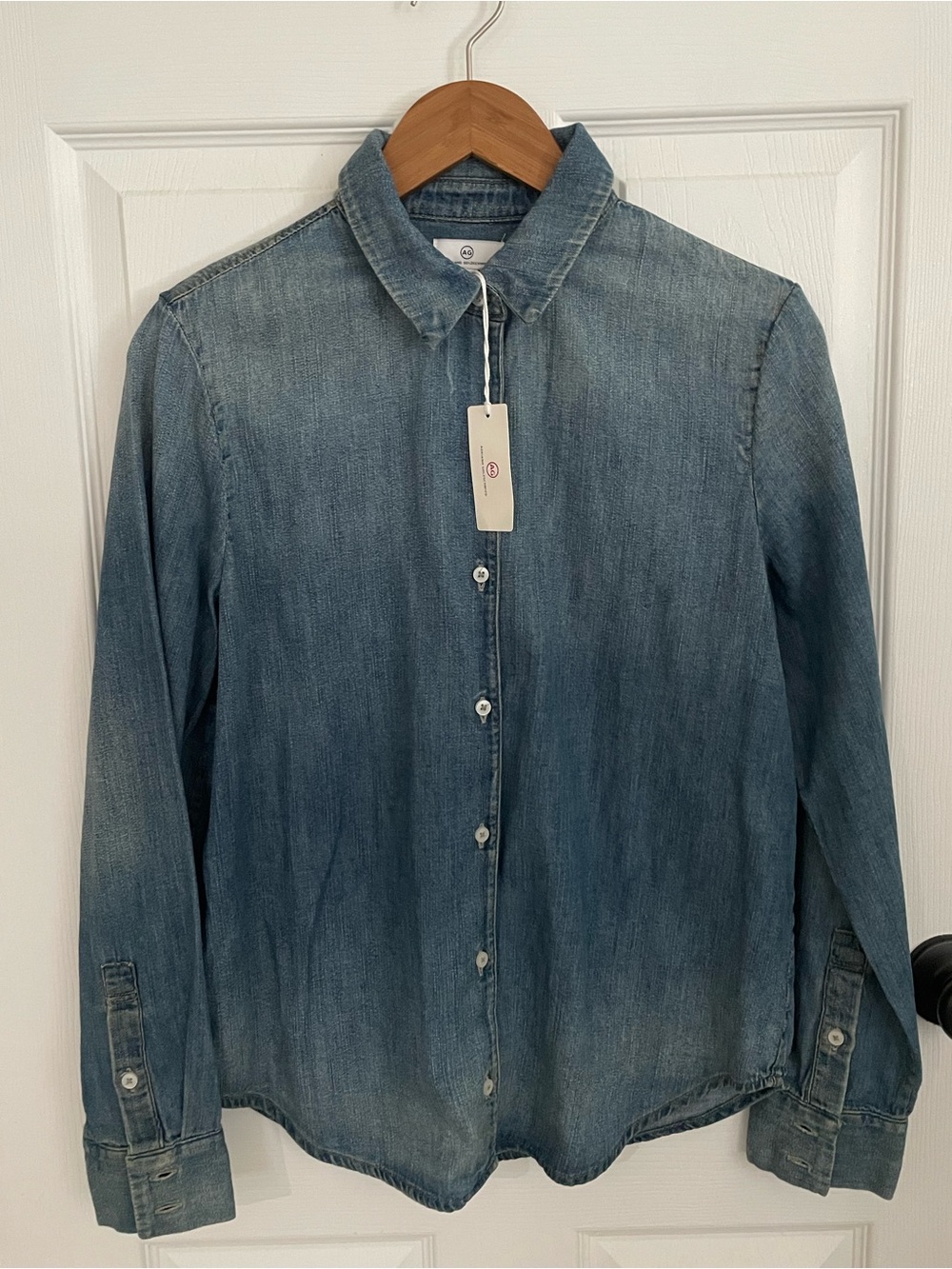 NWT AG Adriano Goldschmied Vintage Tea-Stained Denim Button-Down Shirt - Size M